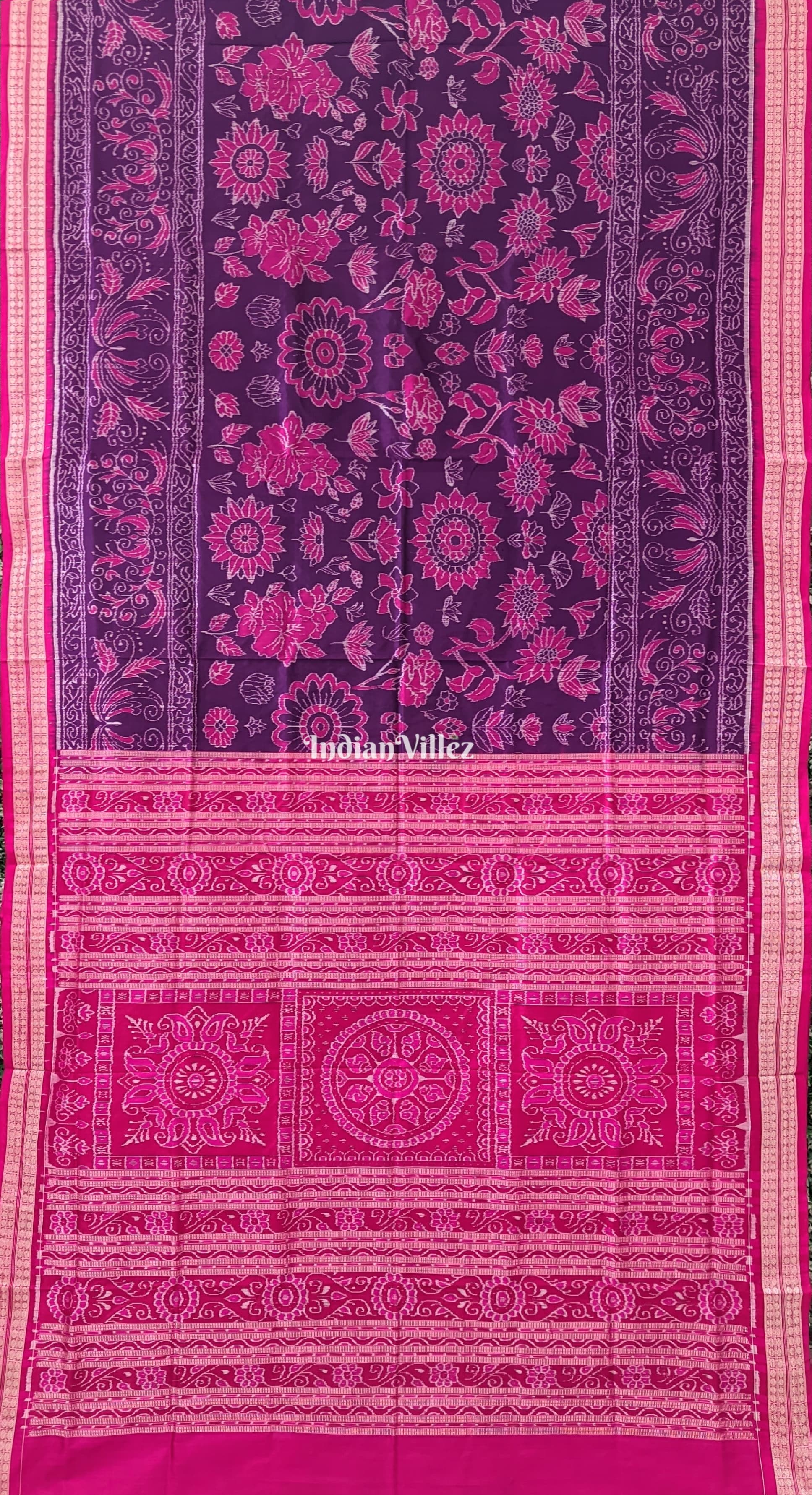 Purple Pink Flower Design Sambalpuri Pure Silk Saree