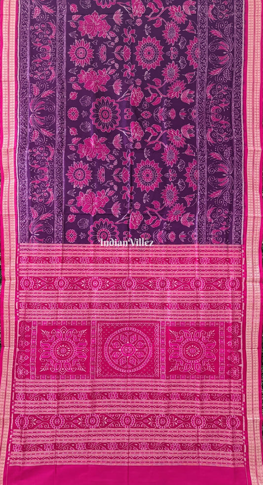 Purple Pink Flower Design Sambalpuri Pure Silk Saree