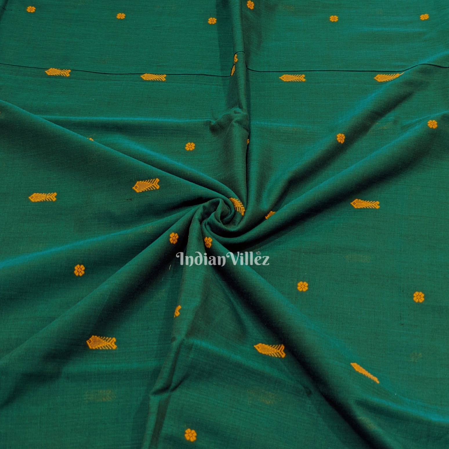 Teal Green Fish & Flower Motif Bomkai Cotton Fabric