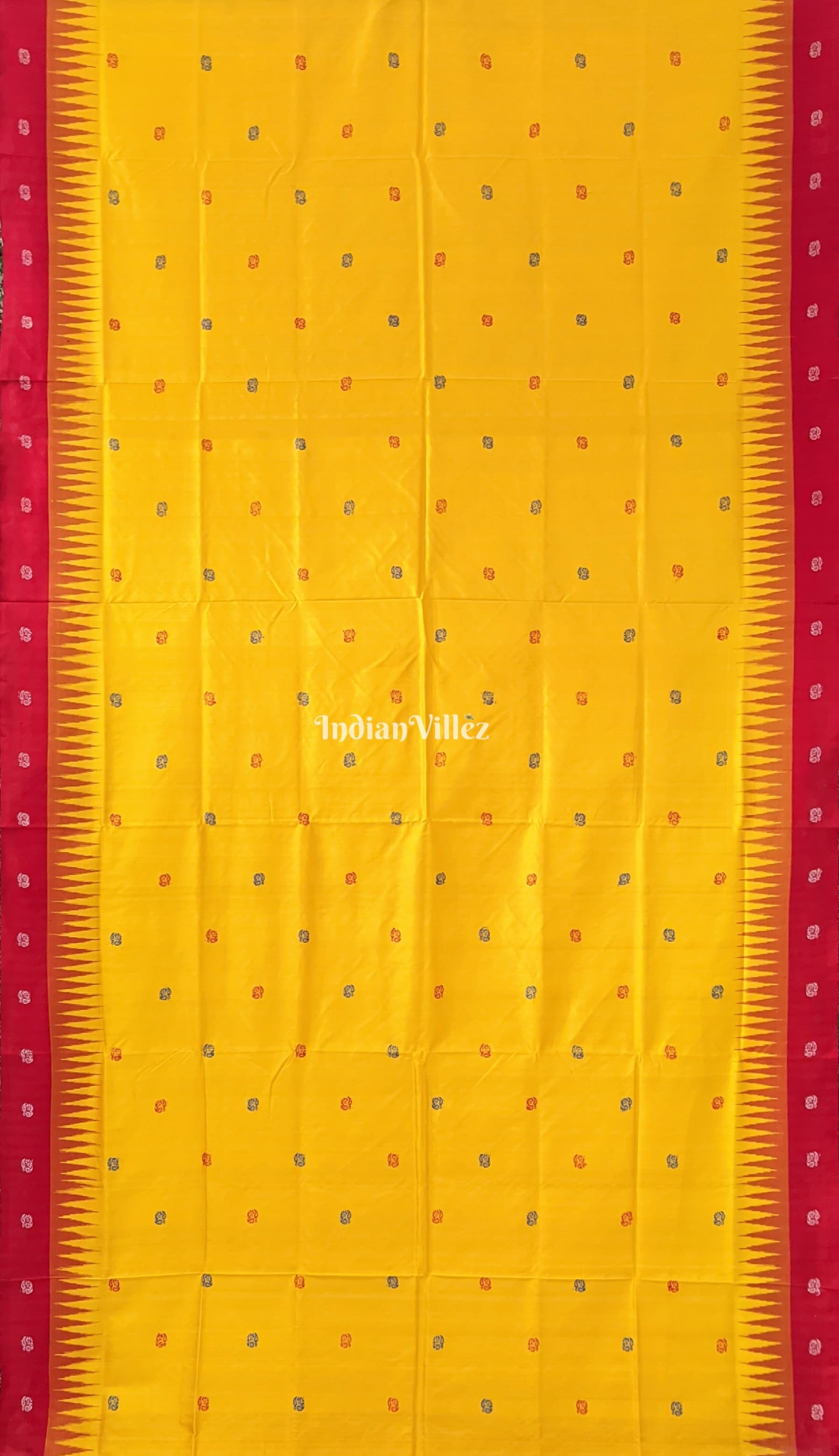 Yellow Red Flower Motif Odisha Ikat Bomkai Silk Saree