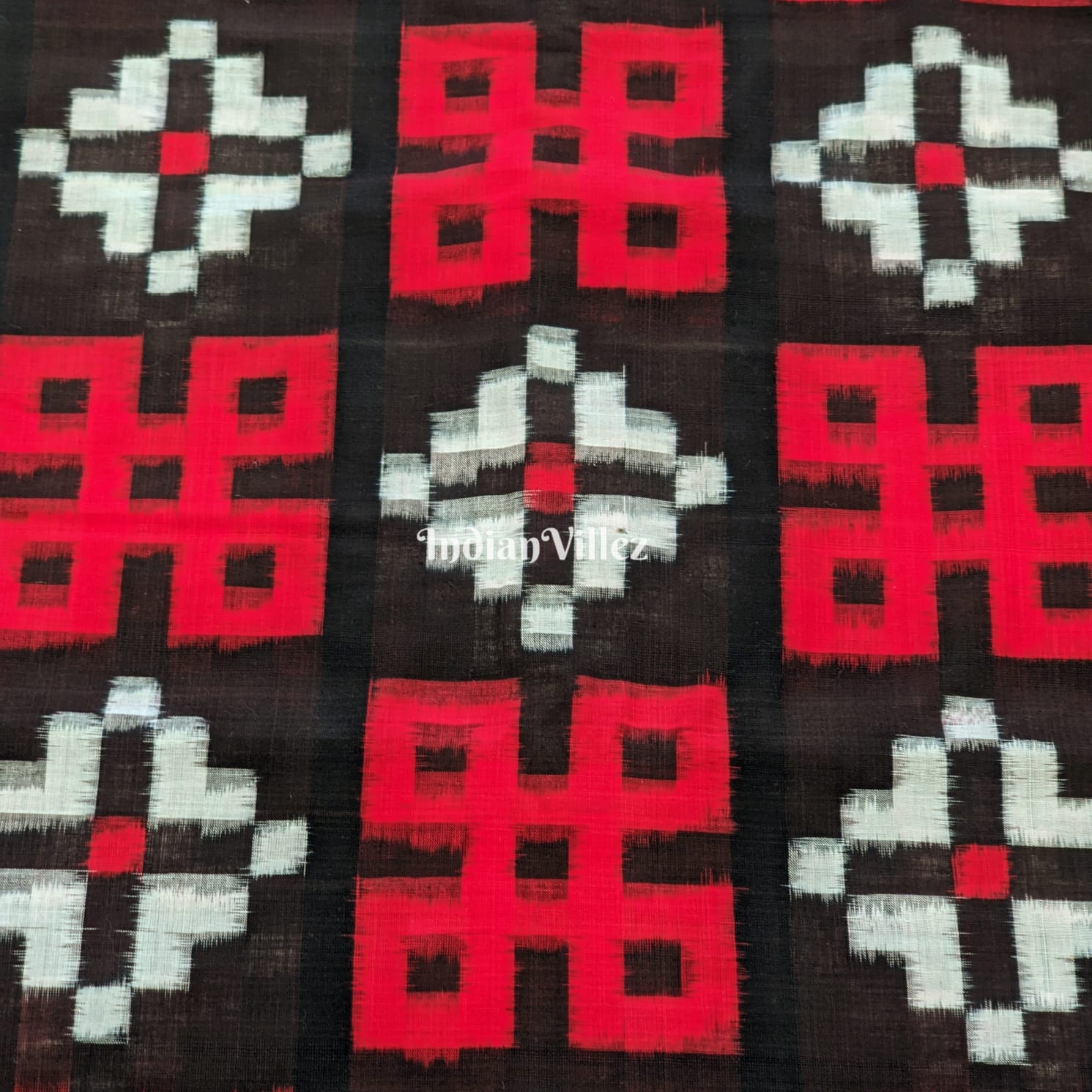 Black Red Pasapali Sambalpuri Ikat Cotton Fabric