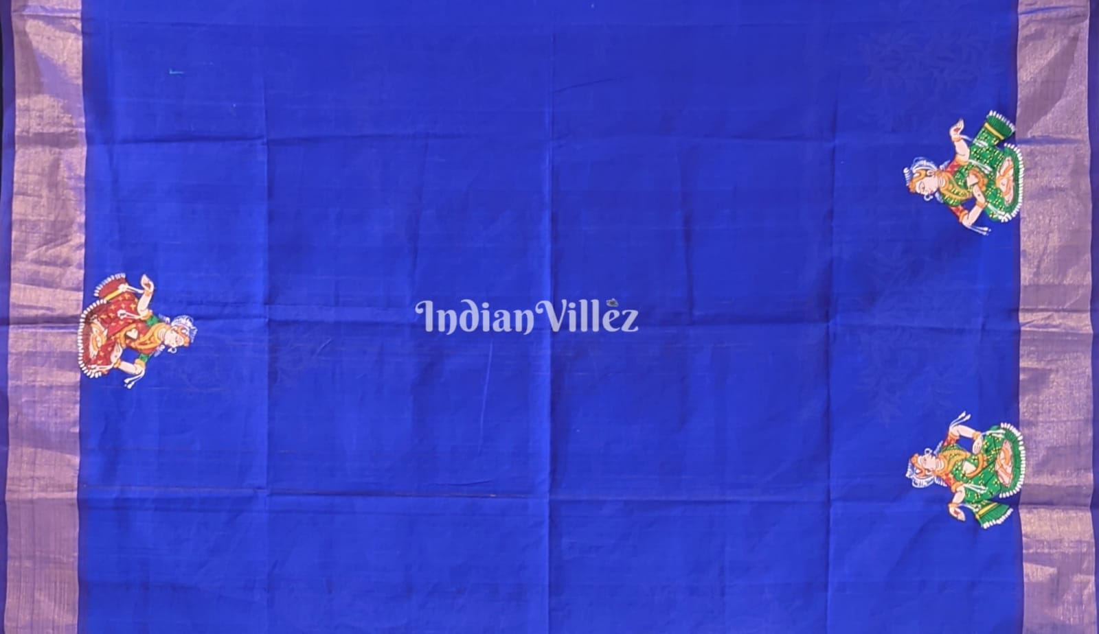 Yellow Blue Krishna with Gopi Theme Pattachitra South Silk Saree