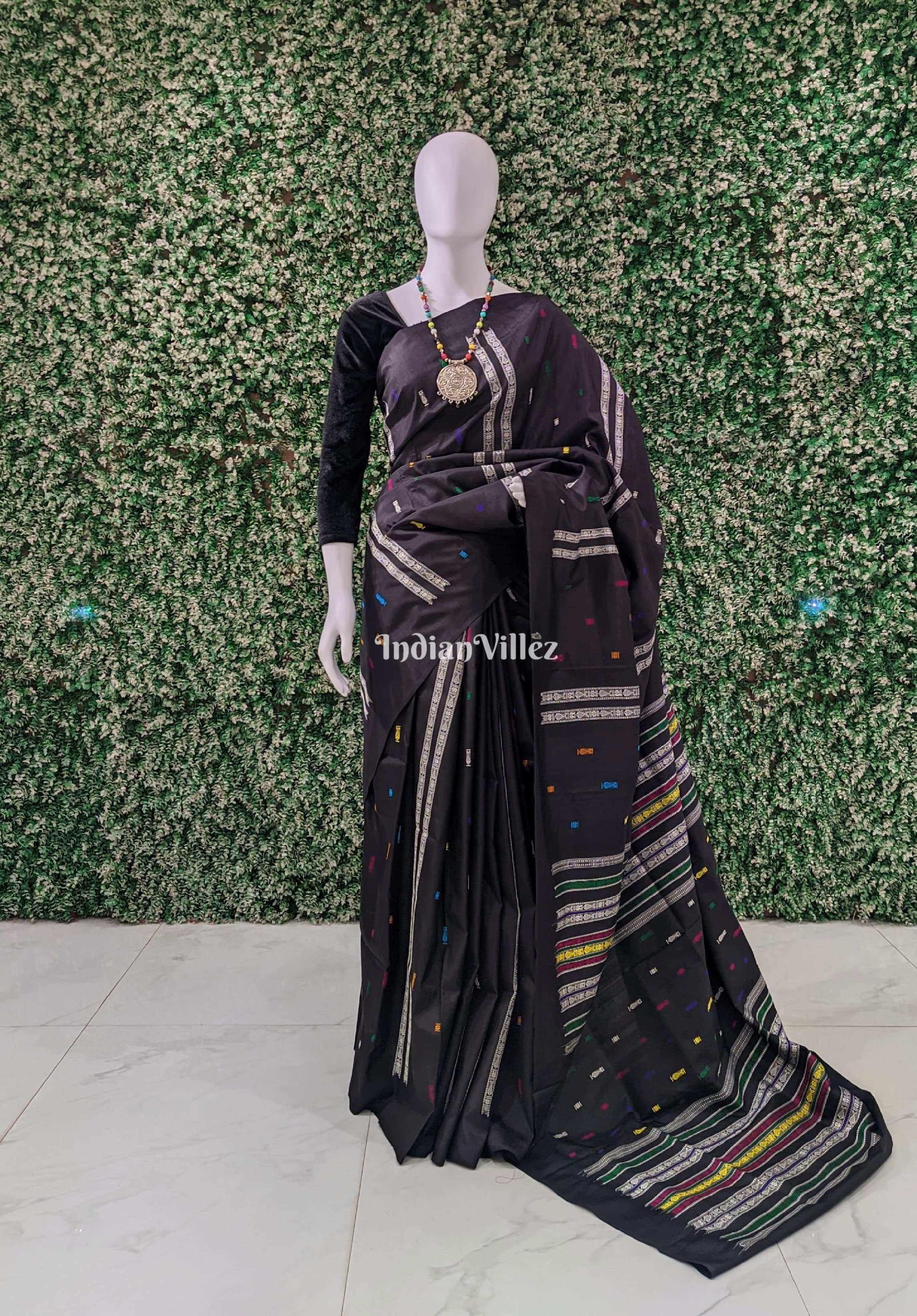 Black Habaspuri Inspired Contemporary Bomkai Sambalpuri Silk Saree