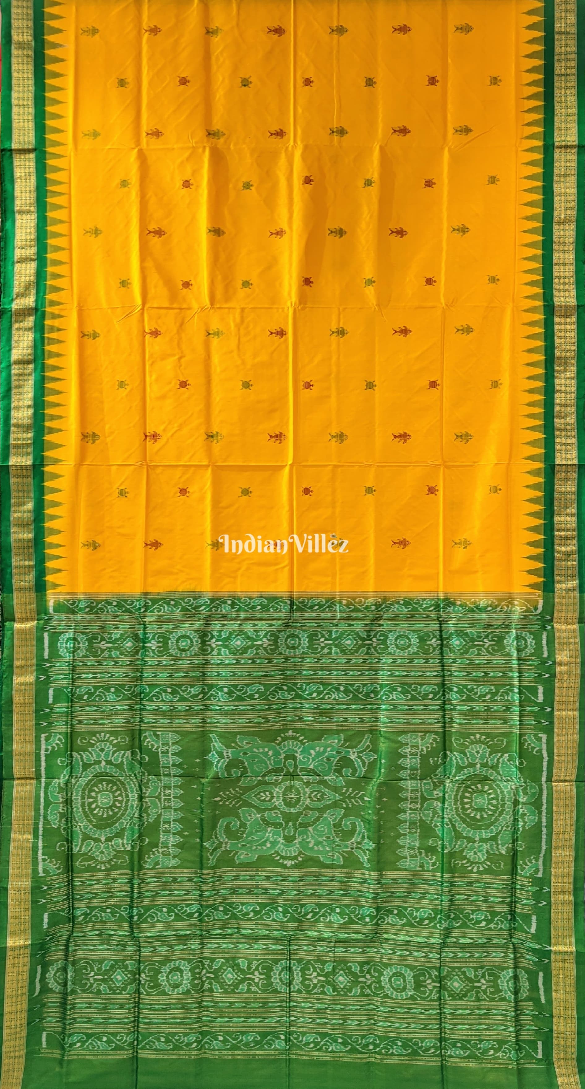 Yellow Green FIsh Motif Sambalpuri Silk Saree
