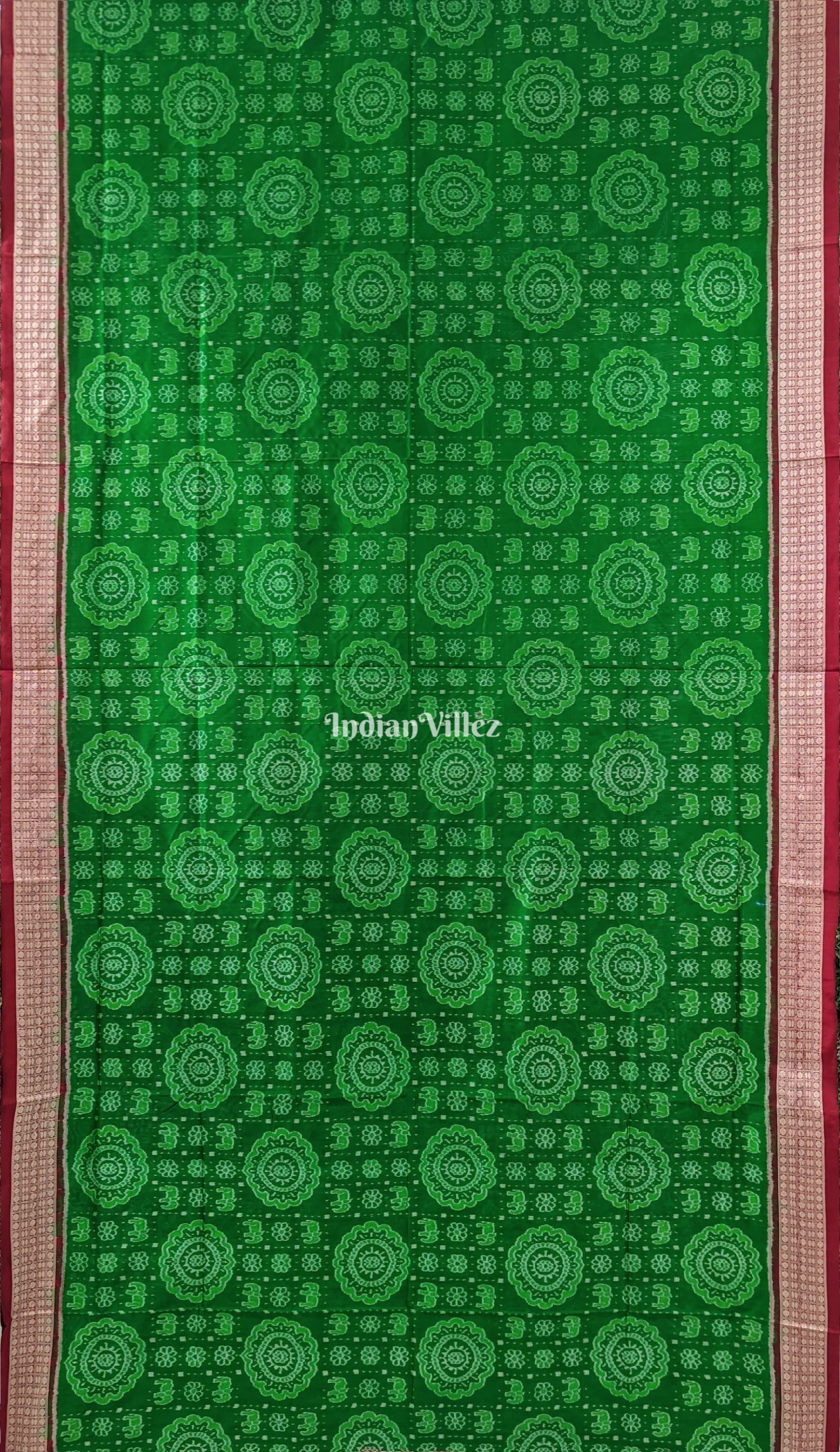 Green Red Elephant & Flower motif  Sambalpuri Ikat Silk Saree
