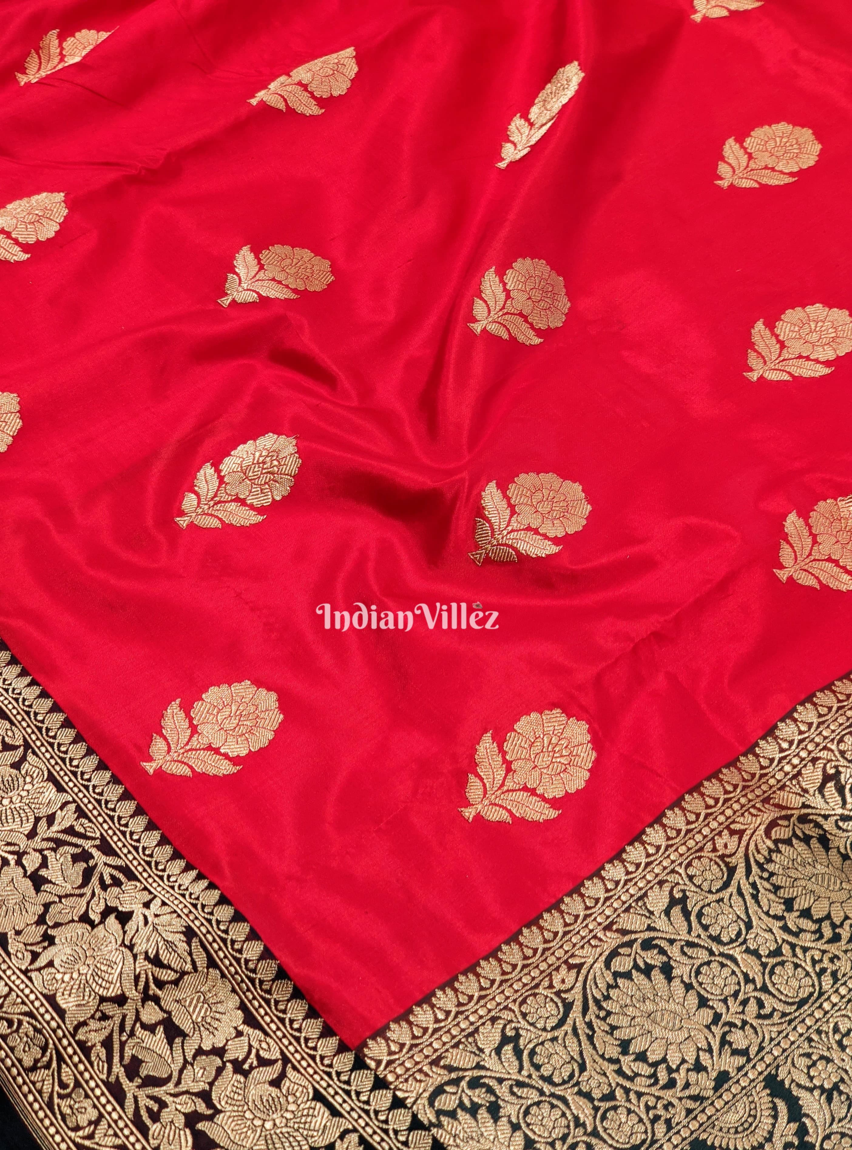 Red Black Pure Banarasi Katan Silk Saree