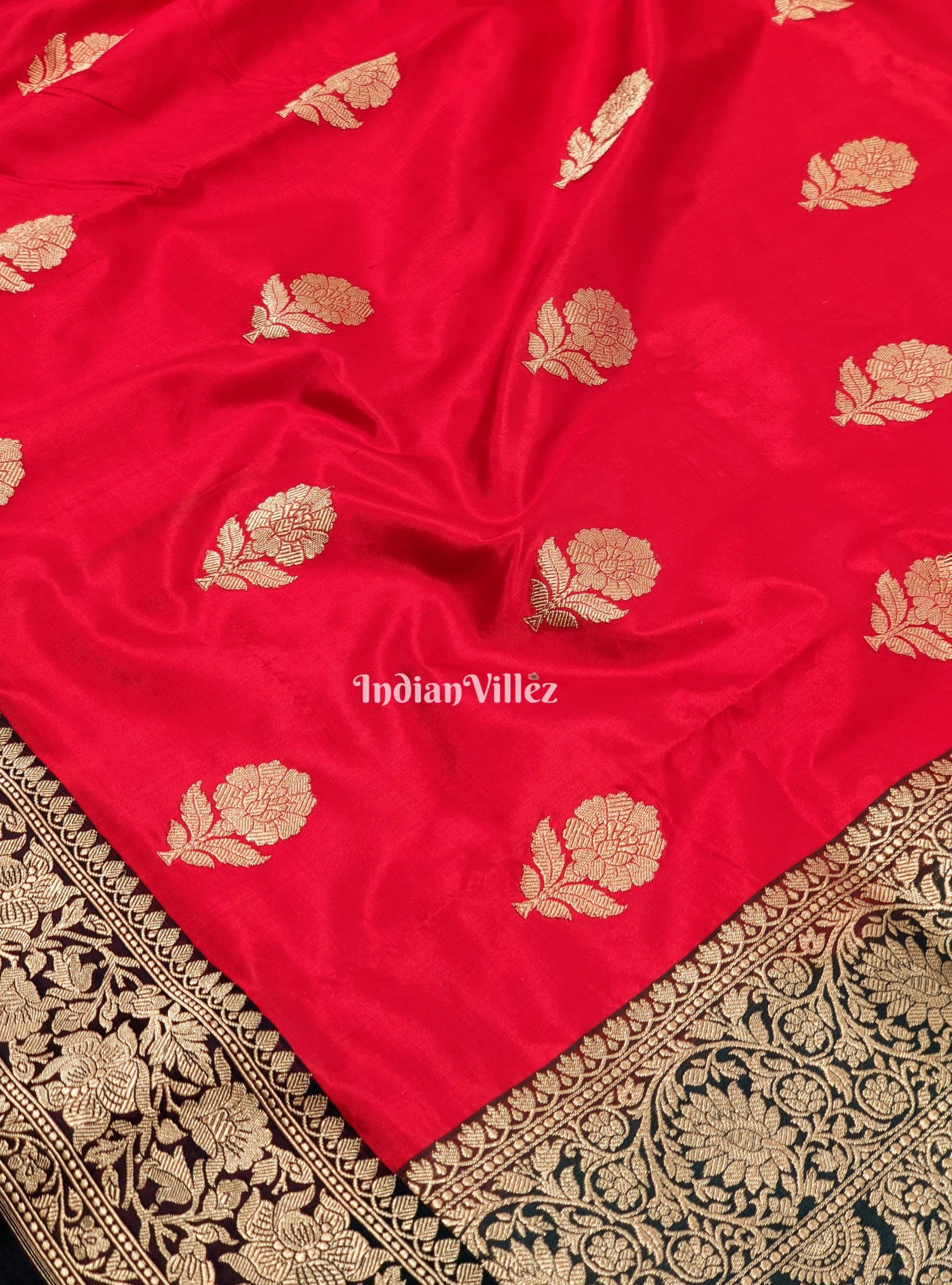 Red Black Pure Banarasi Katan Silk Saree