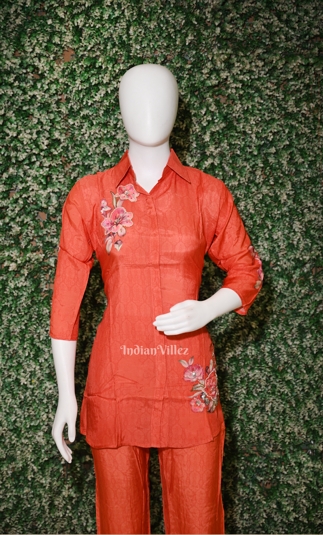 Designer Orange Embroidery Kurta & Pant Set-(Co-Ords Set) 