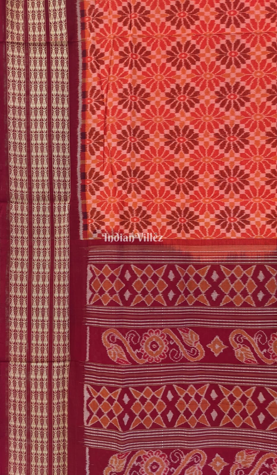 Flower Design Odisha Ikat Sambalpuri Cotton Saree with Fish Border