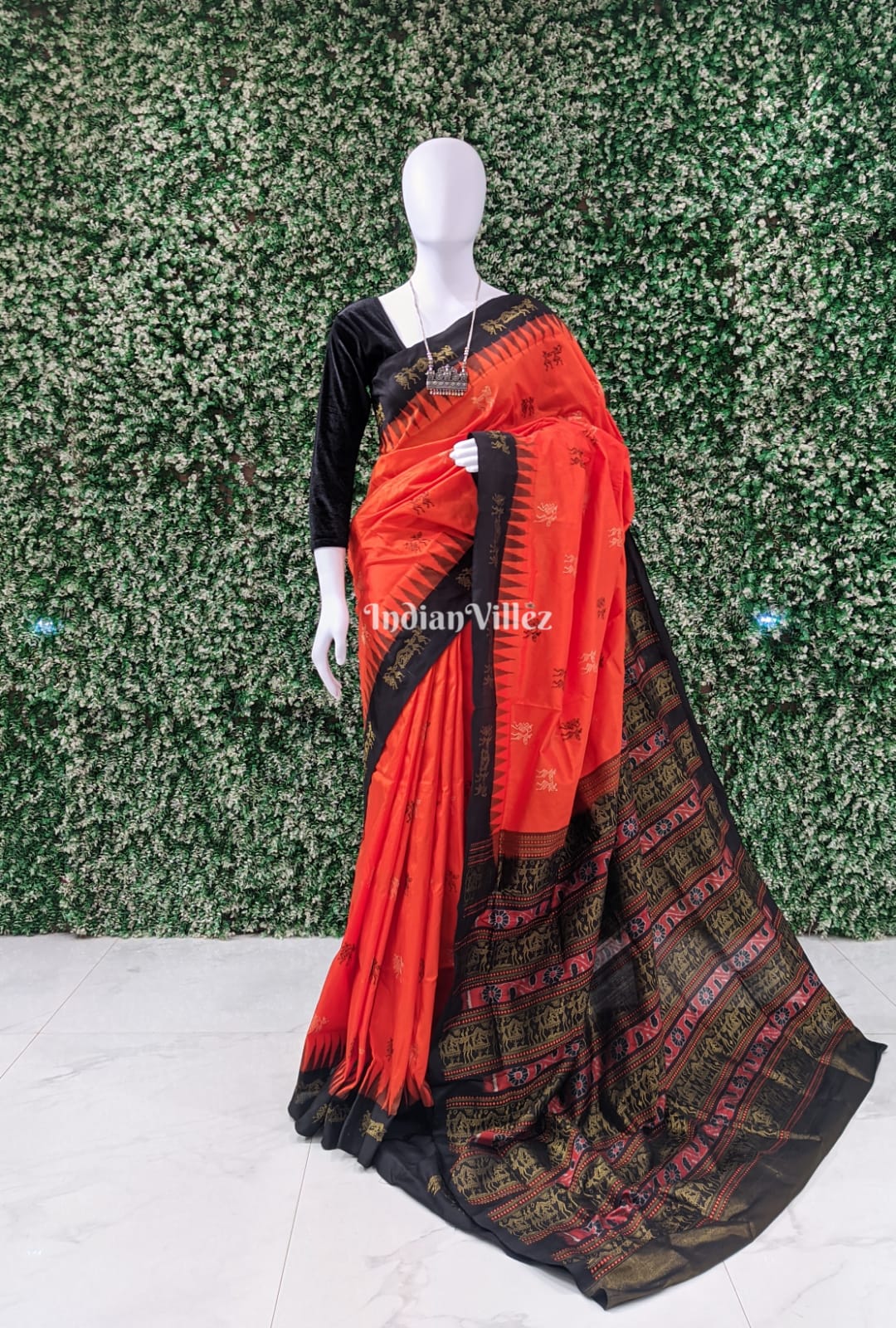 Orange Black Tribal Bomkai Sambalpuri Ikat Silk Saree with Tissue Work