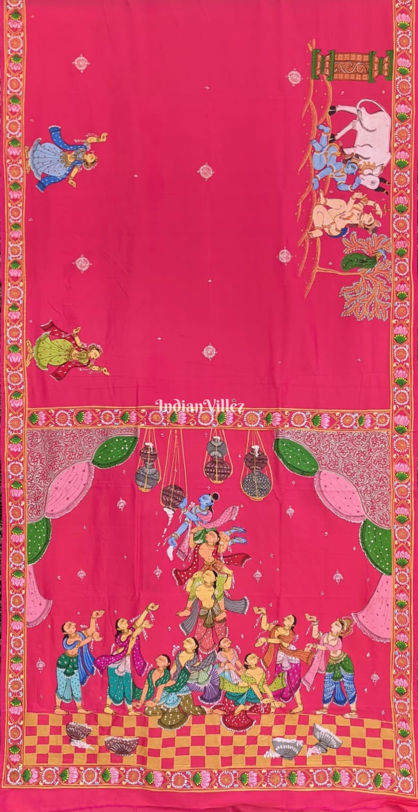 Pink Krishna Janmashtami Theme Pattachitra Silk Saree