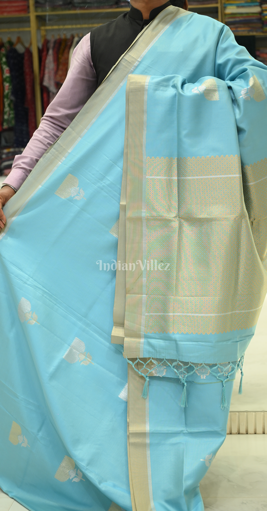 Sea Green Golden Zari Base Designer Lotus Saree