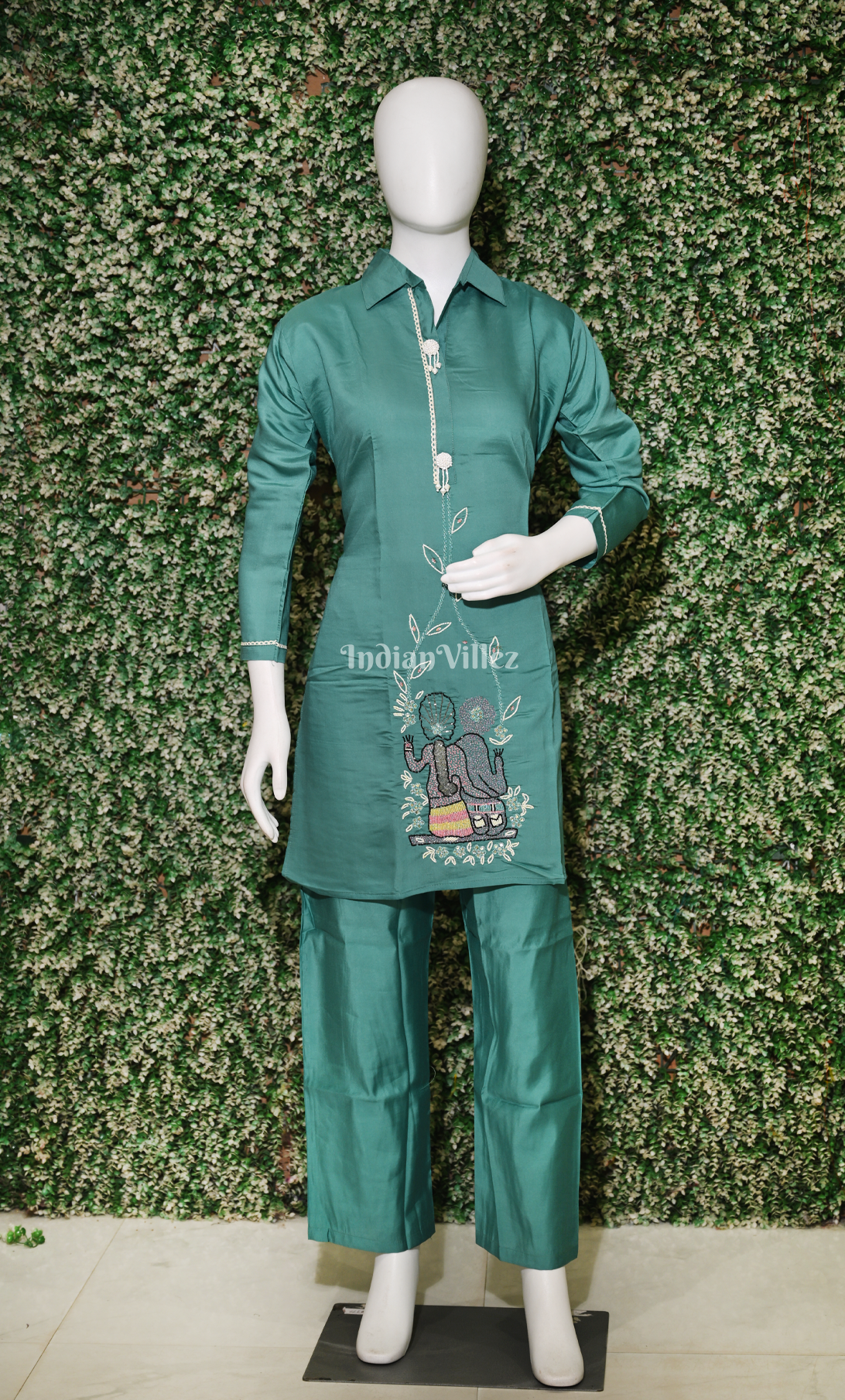 Designer Sage Green Embroidery Kurta & Pant Set-(Co-Ords Set)