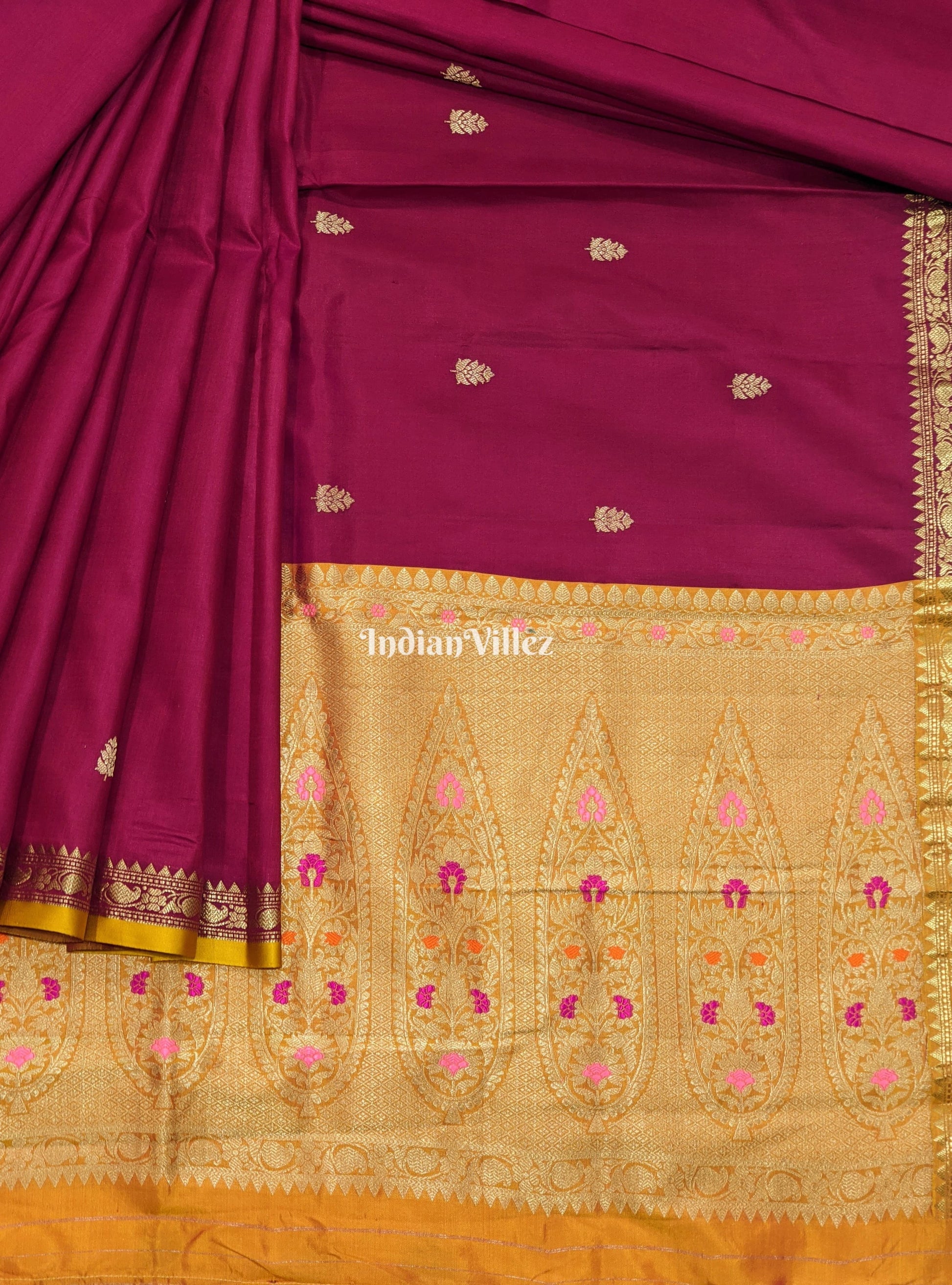 Wine with Mustard Yellow Designer Banarasi Katan Silk Saree