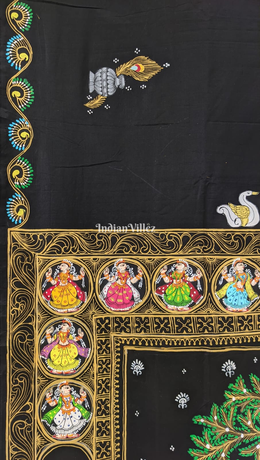 Black Radha Krishna Hand-Painted Pattachitra Silk Saree