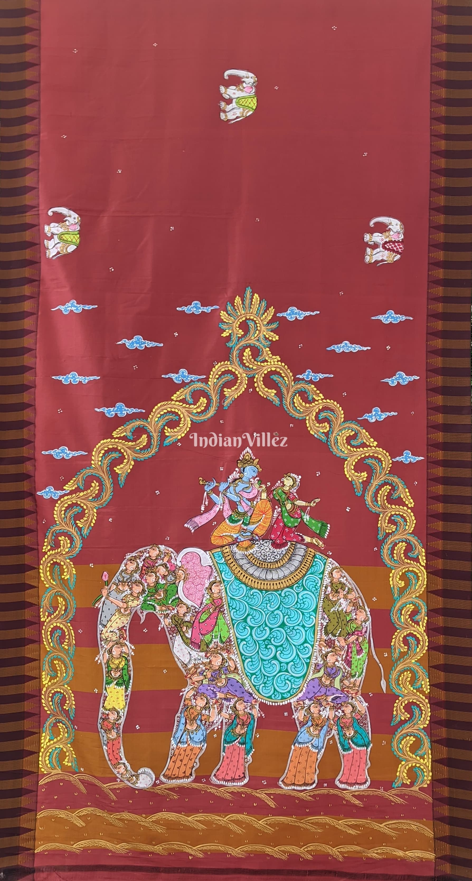 Brick Red Kandarpa Hati (Elephant) Pattachitra Art on Kerala Silk Saree
