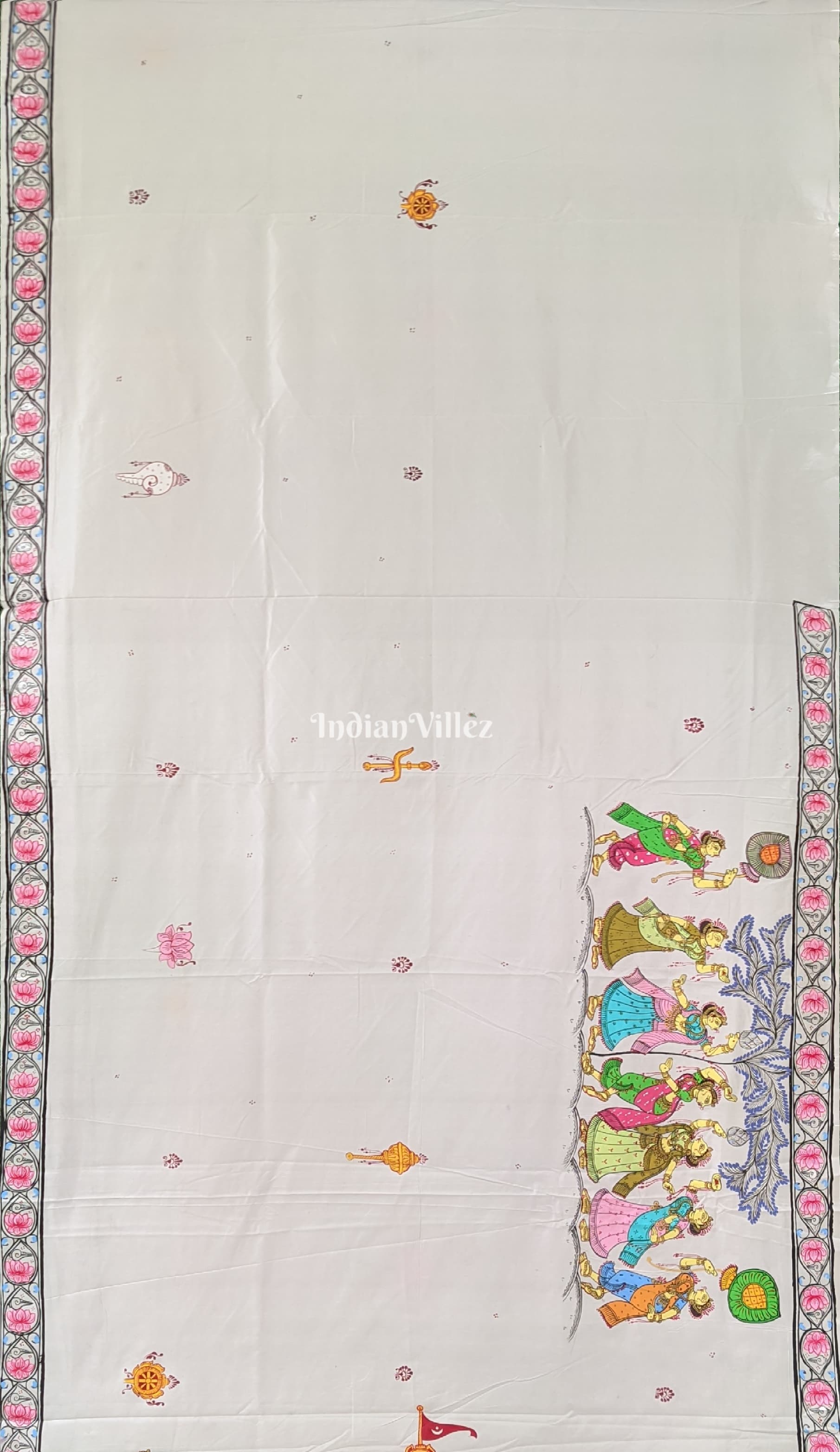 White Shree Jagannath Theme Hand-Painted Pattachitra Silk Saree