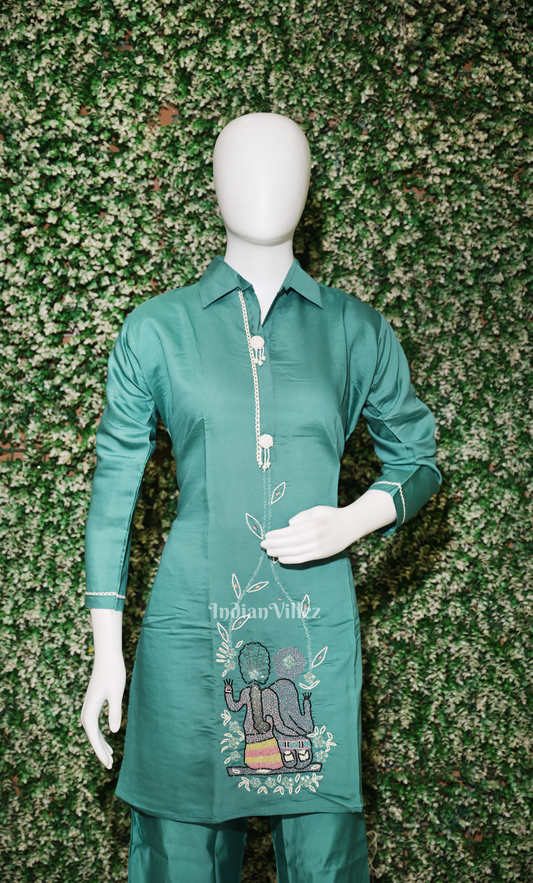 Designer Sage Green Embroidery Kurta & Pant Set-(Co-Ords Set)