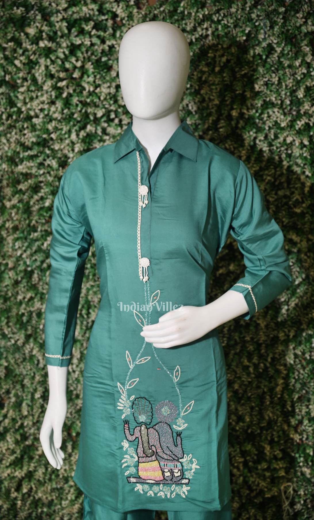 Designer Sage Green Embroidery Kurta & Pant Set-(Co-Ords Set)