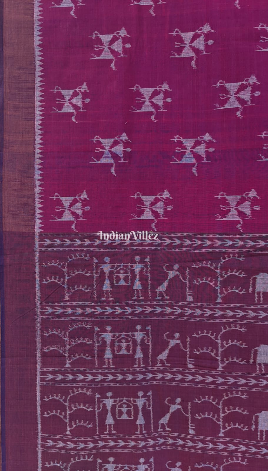 Wine Tribal Theme Sambalpuri Ikat Cotton Saree