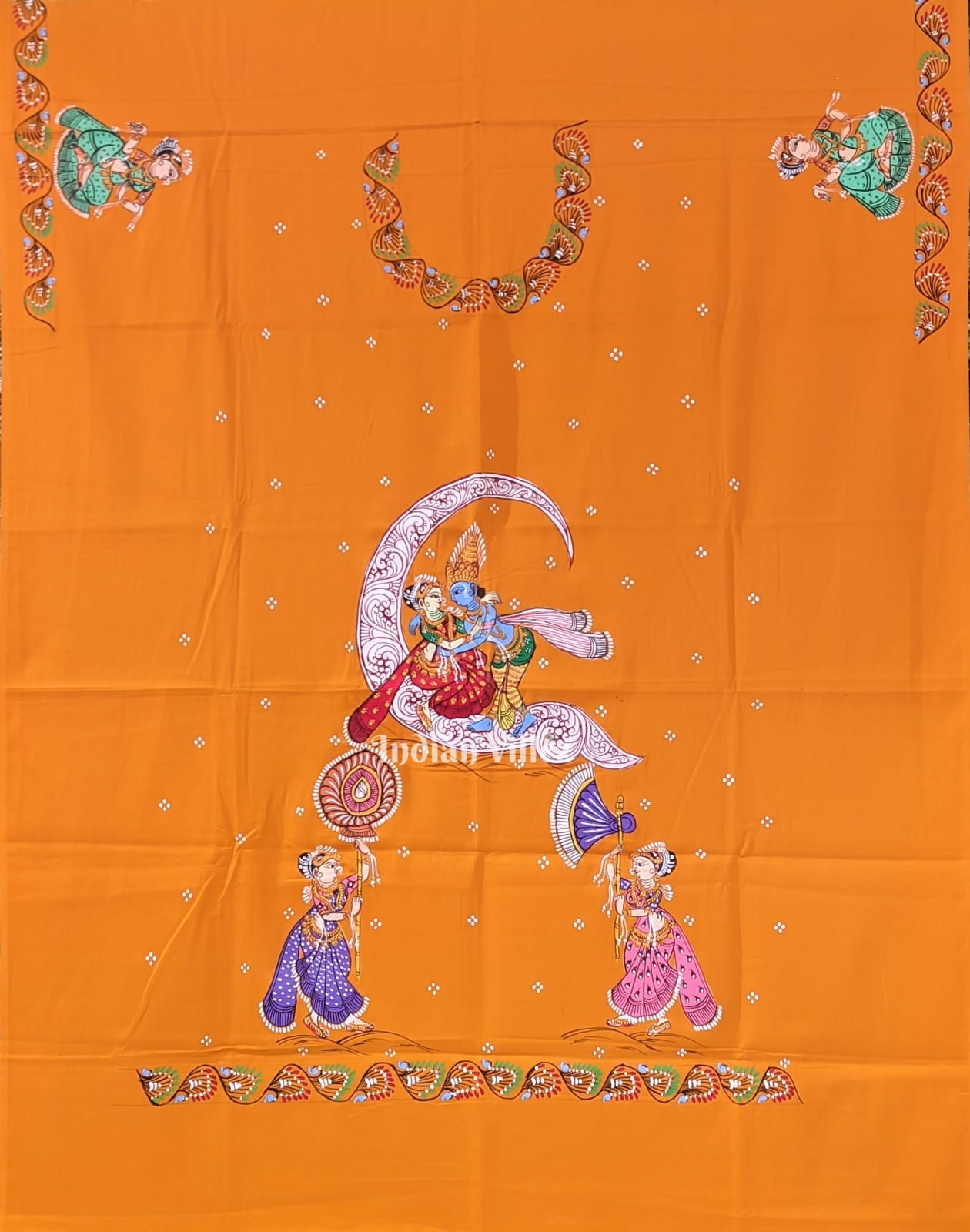 Yellow Radha Krishna Pattachitra Art Kurti Cotton Dress Material