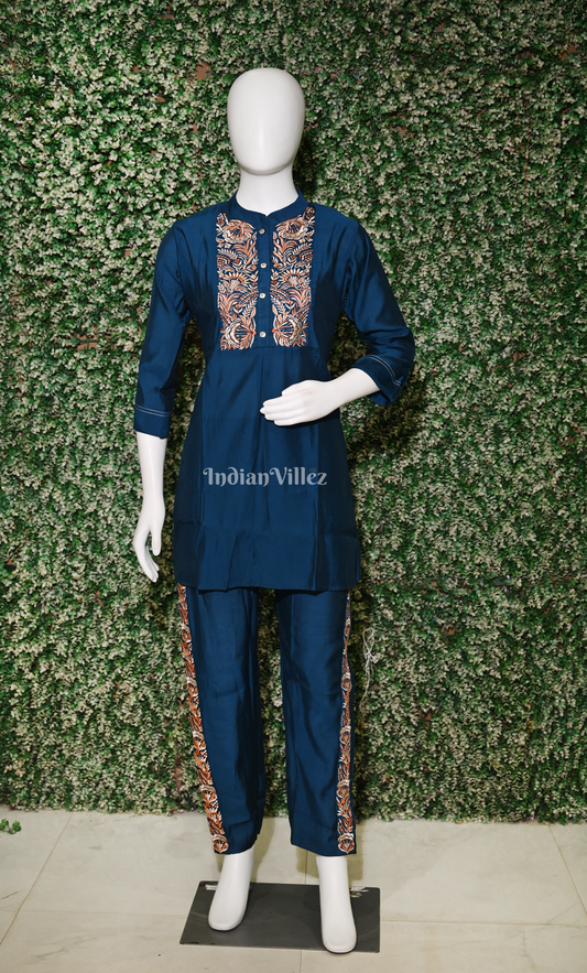 Designer Blue Embroidery Kurta & Pant Set-(Co-Ords Set) 