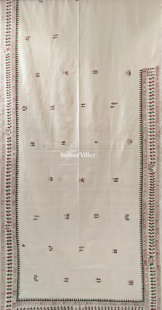 Off-White Tribal Themed Pattachitra Silk Saree