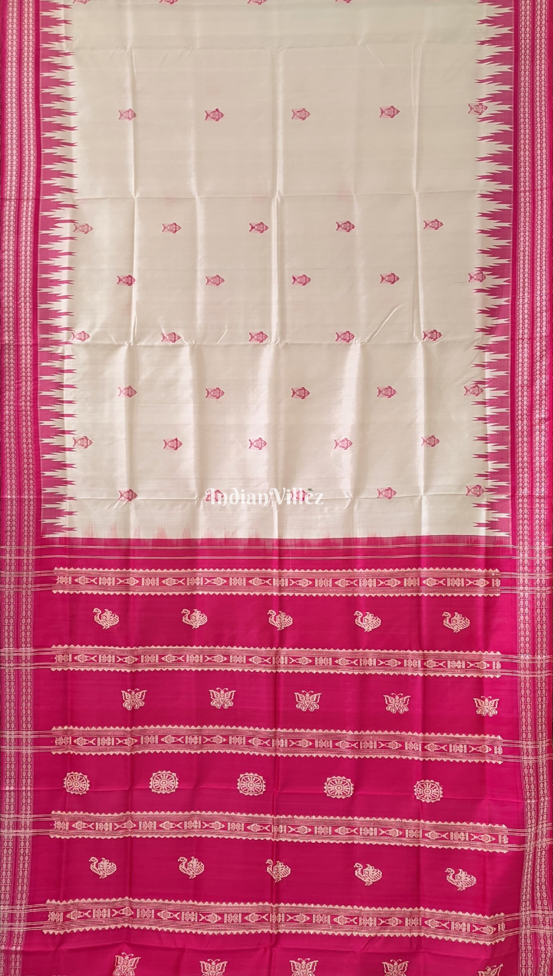 Off-White Pink Berhampuri Double Pallu Silk Saree