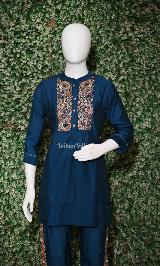 Designer Blue Embroidery Kurta & Pant Set-(Co-Ords Set) 