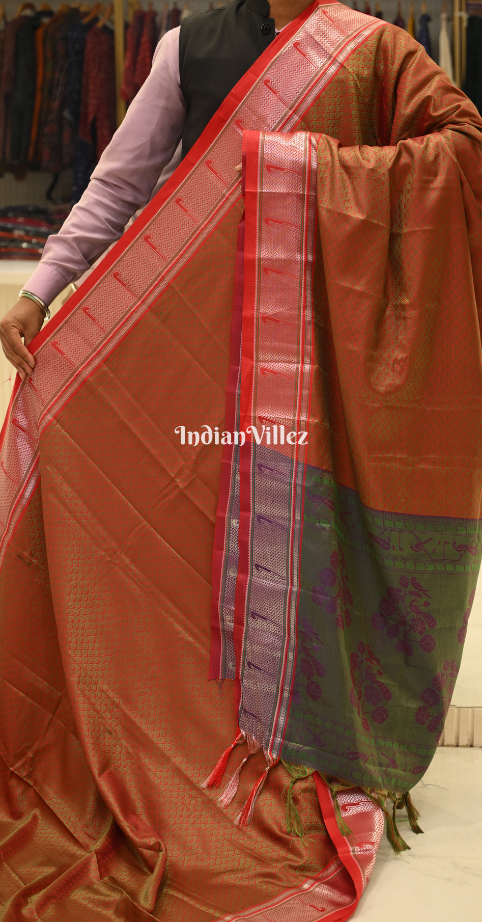 Rust Orange Green Kanjivaram Silk Saree