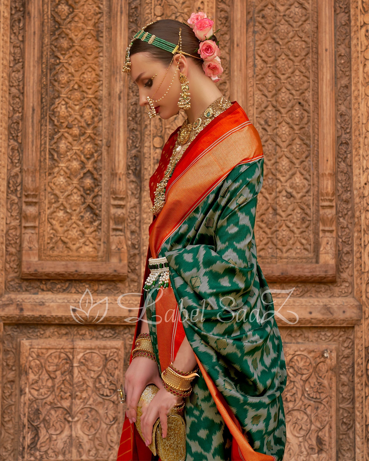 Green Orange Pochampally Kanjivaram soft Silk Saree