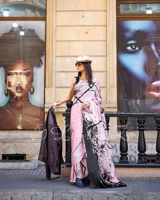 Pink Satya Paul Inspired Printed Satin Crepe Sarees
