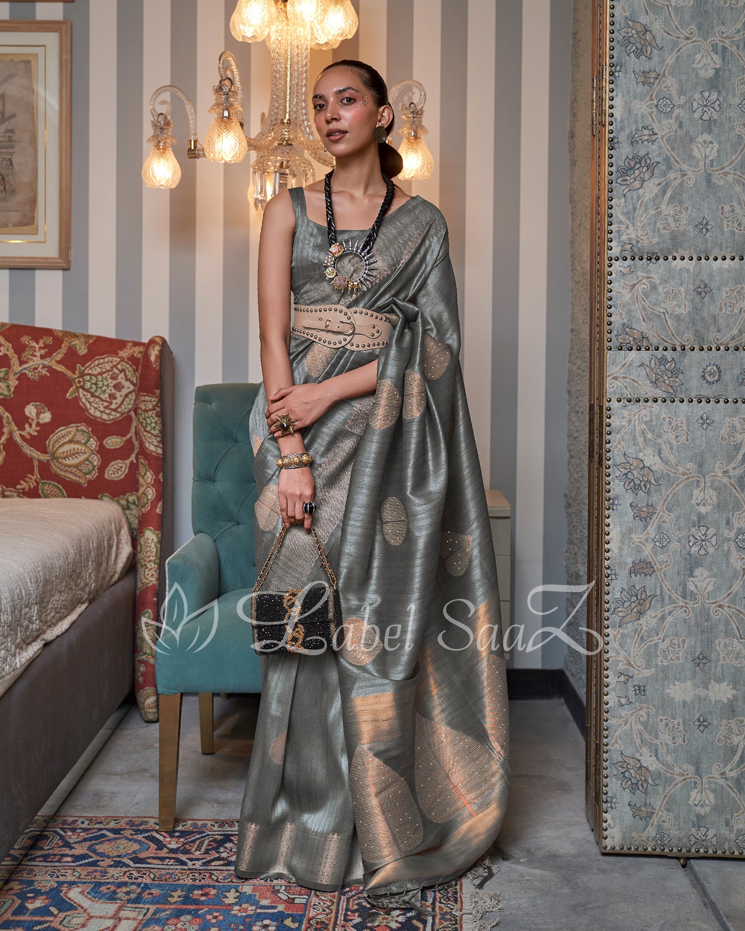 Dark Grey Designer Tussar Banarasi With Moti Work Saree