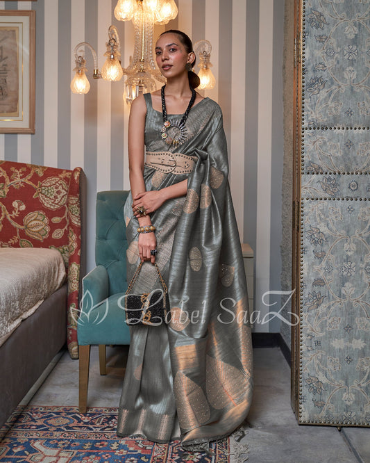 Dark Grey Designer Tussar Banarasi With Moti Work Saree