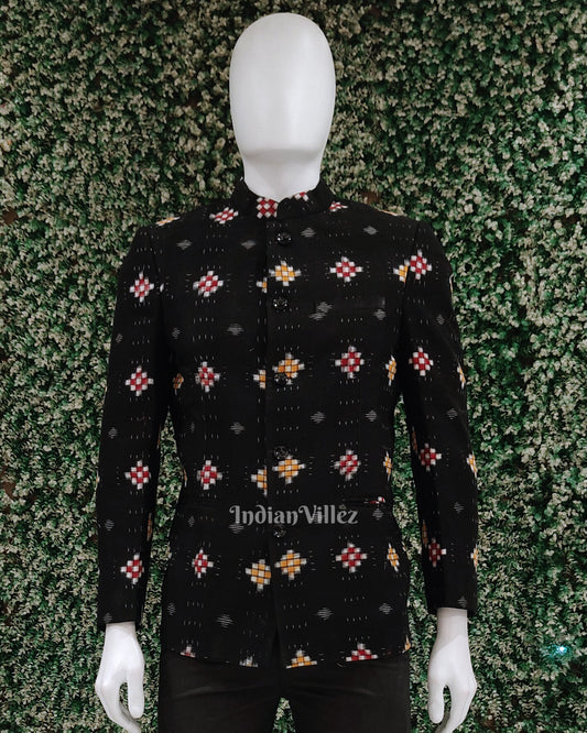 Black Jodhpuri Bandhgala Odisha Ikat Men's Casual Blazer With Pasapali Theme 