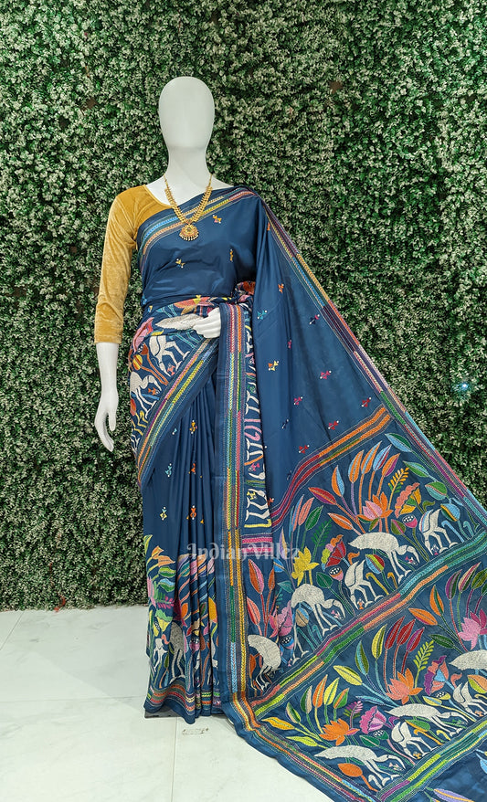 Indigo Blue Handwoven Kantha Stitch Silk Saree
