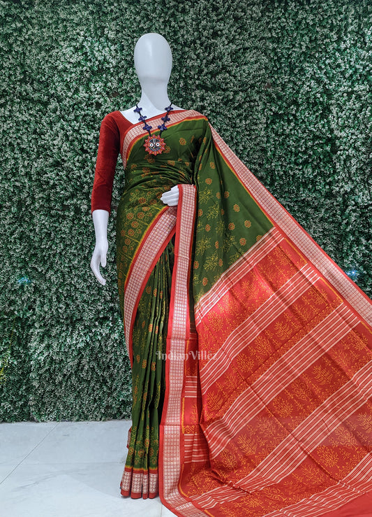 Mehendi Green Red Floral Motif Odisha Handloom Sambalpuri Silk Saree
