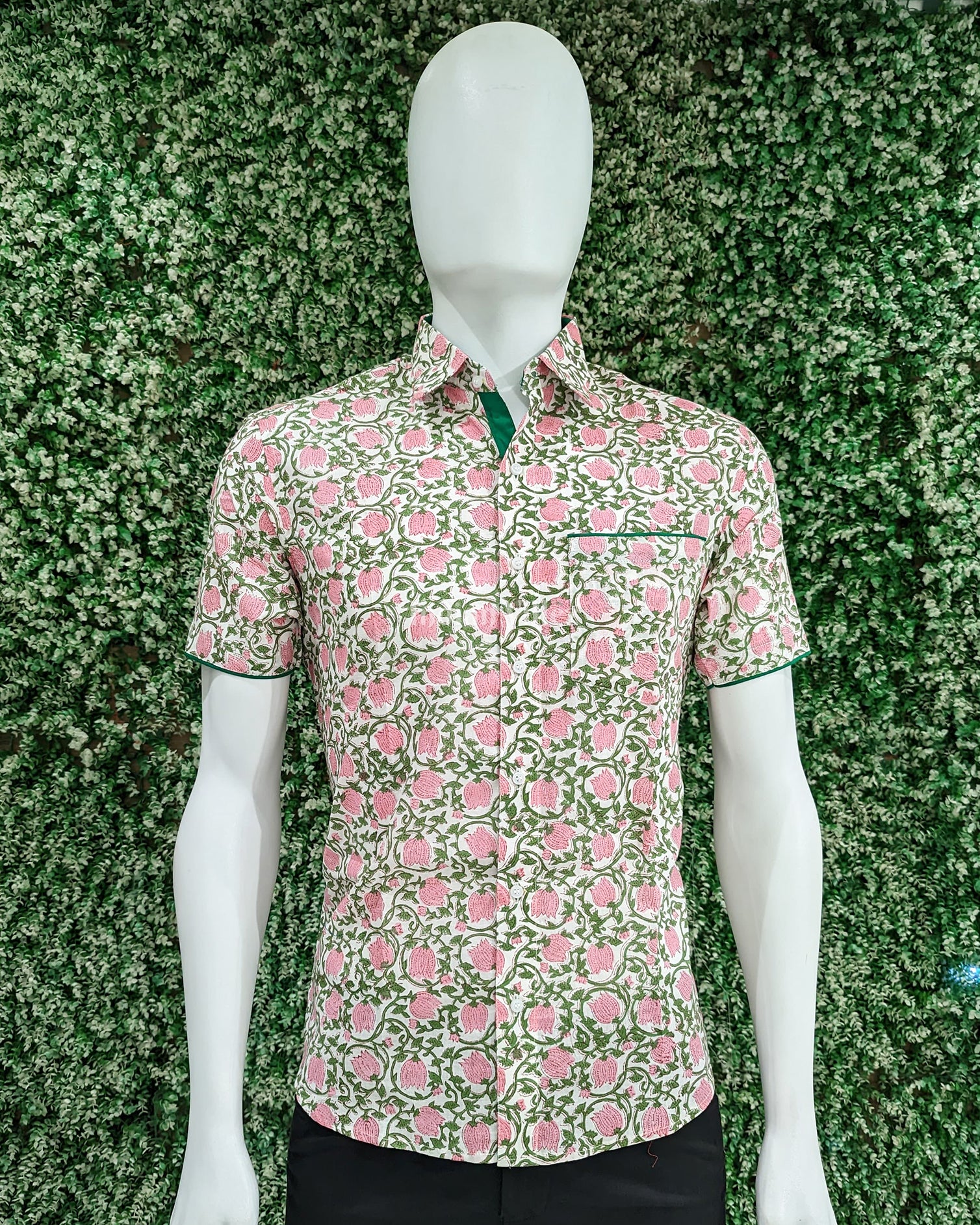 Pink Rose Design Block Printed Half Sleeve Shirt for Men