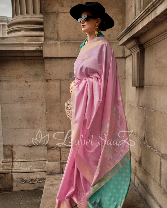 Baby Pink Rama Green Multicoloured Soft Handloom Silk Weaving Saree