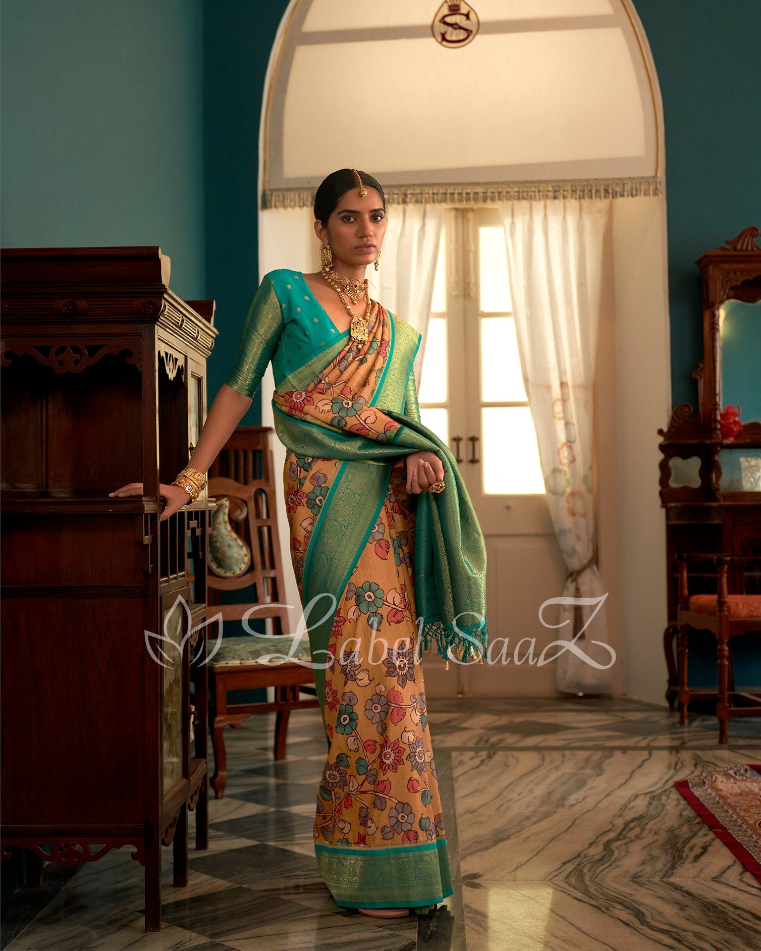 Yellow Green Kalamkari Print on Kanjivaram Silk