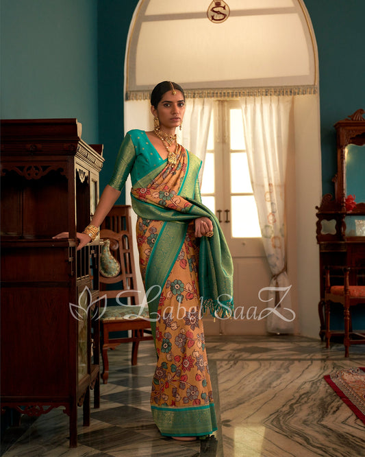 Yellow Green Kalamkari Print on Kanjivaram Silk