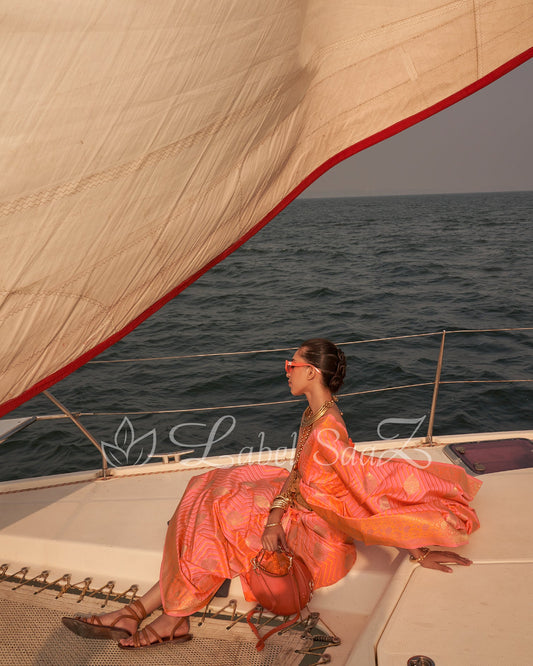 Peach Two Tone Leheriya Banarasi Satin Silk Saree