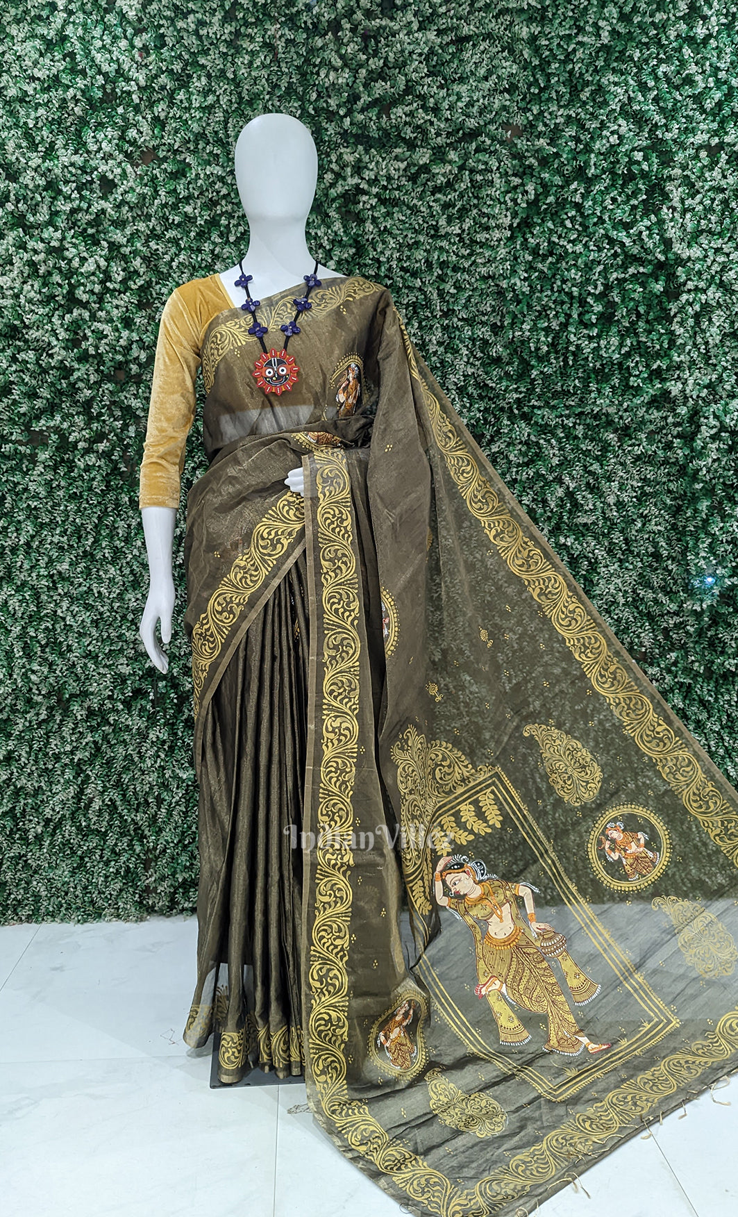 Grey Golden Shringar Raas Hand- Painted Pattachitra Saree