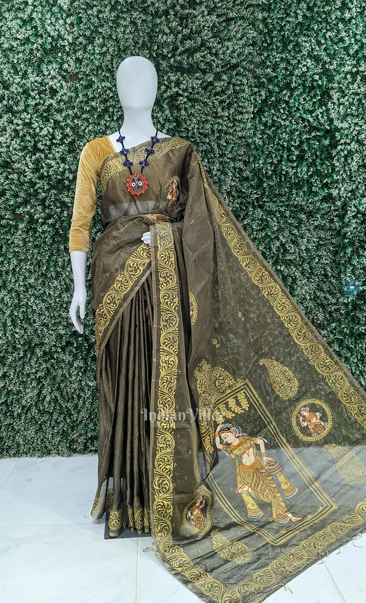 Grey Golden Shringar Raas Hand- Painted Pattachitra Saree