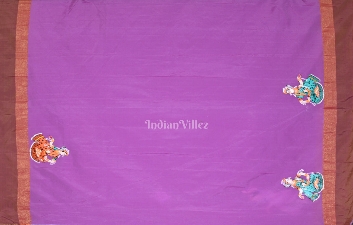 Rani Pink Brown  Raja Theme  Hand-Painted Pattachitra Saree 