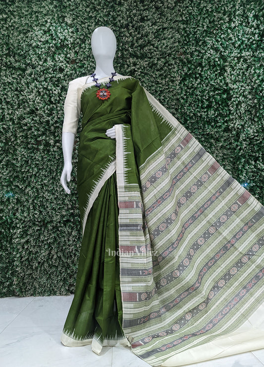 Mehendi Green White Hazar Buti Bomkai Tussar Silk Saree with Sarabandha Anchal