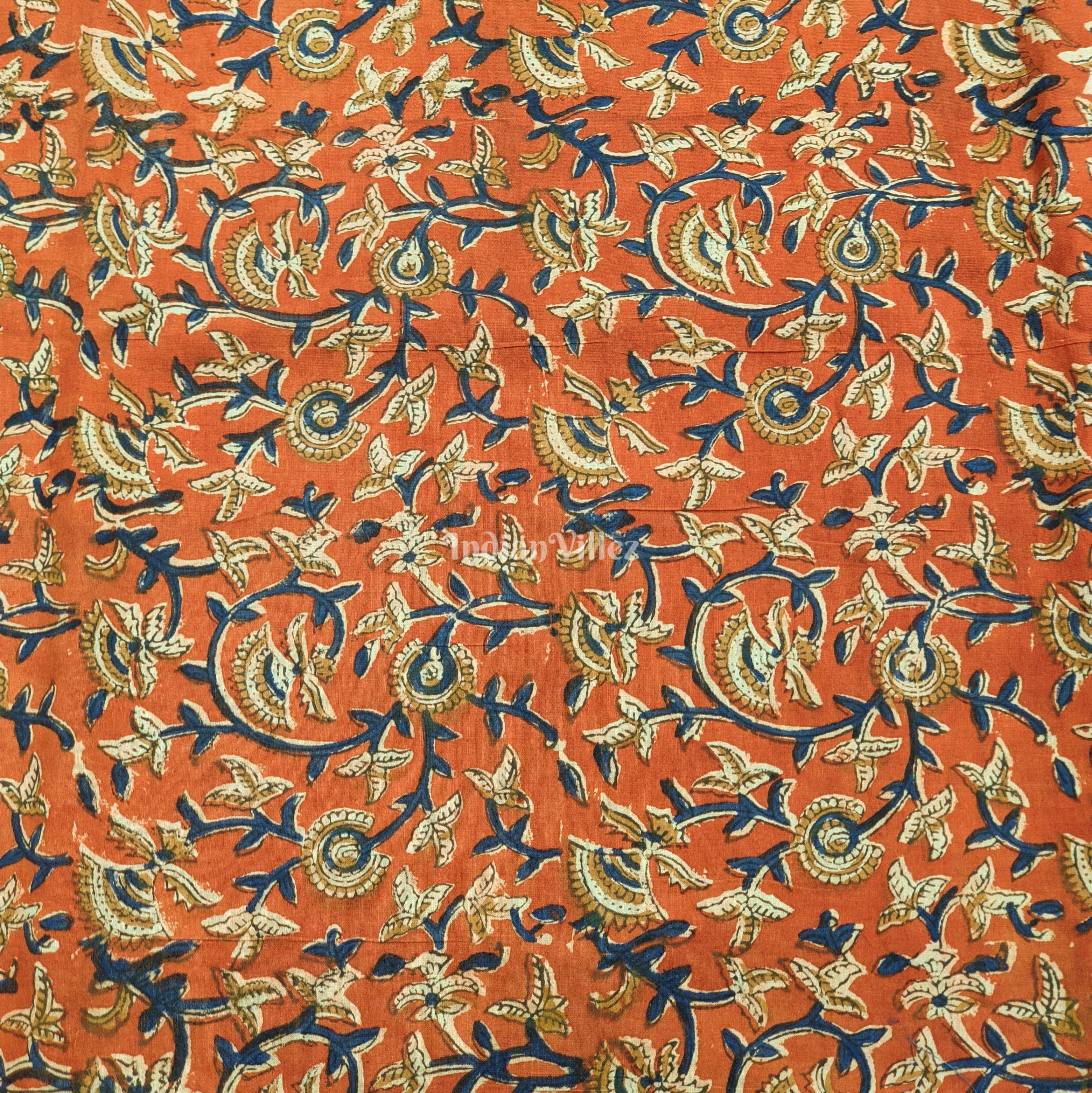 Brick Red Floral Hand Block Printed Cotton Fabric
