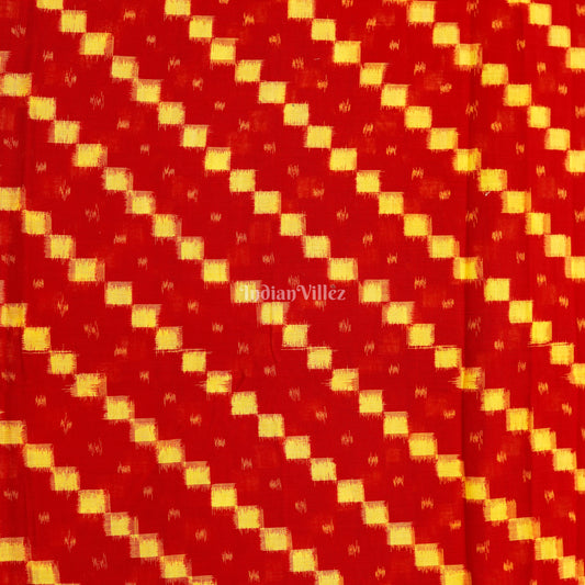 Red With Yellow Squre Design Sambalpuri Ikat  Cotton Fabric