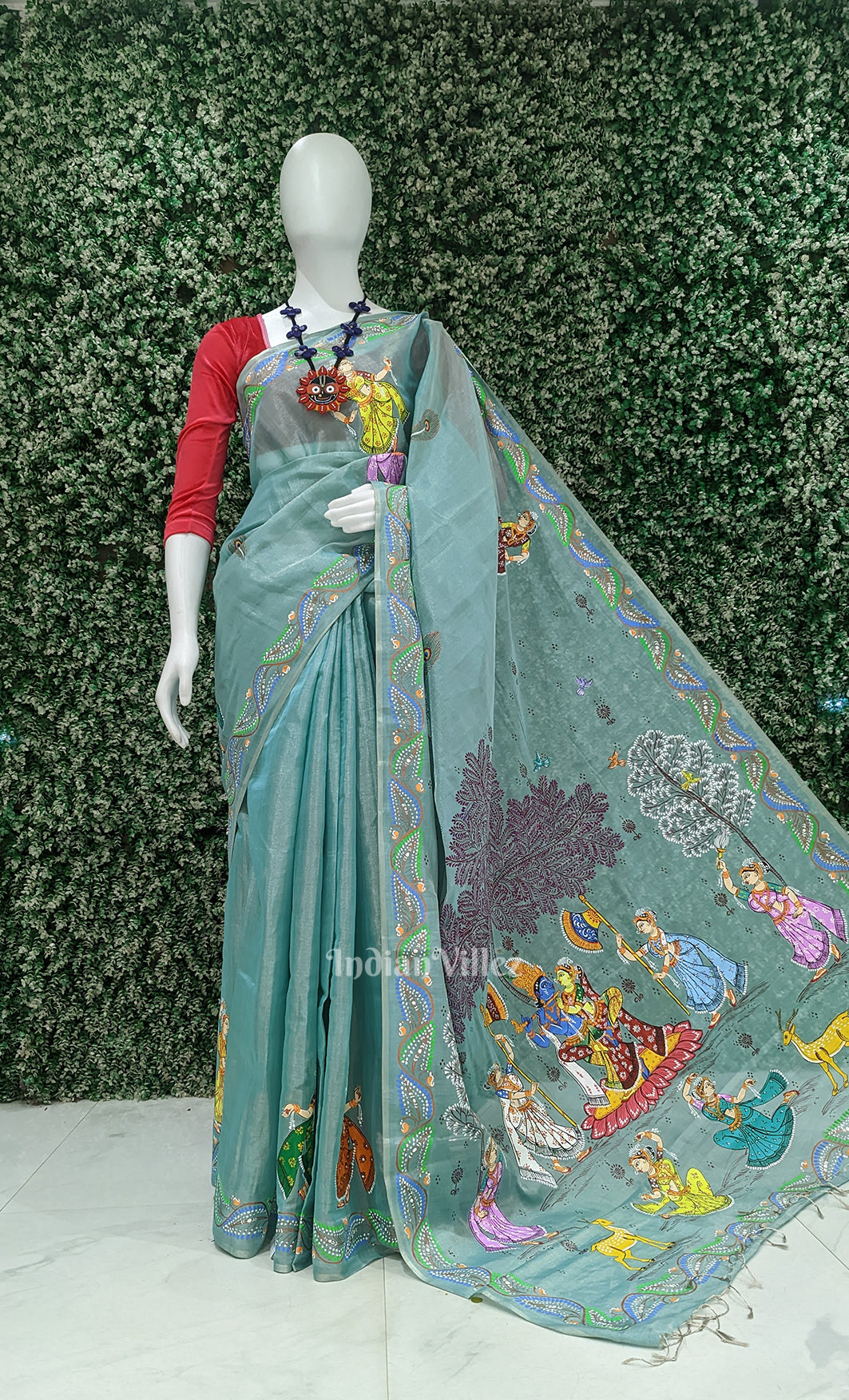 Light Blue Krishna Rasa Leela Hand-Painted Pattachitra Saree