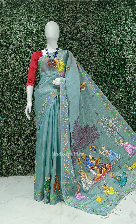 Light Blue Krishna Rasa Leela Hand-Painted Pattachitra Saree